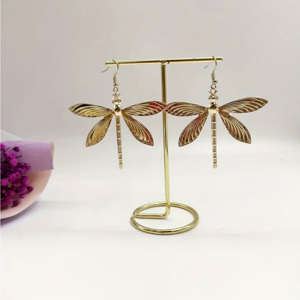 Gold Plated Dragonfly Earrings - Picture 2 of 4